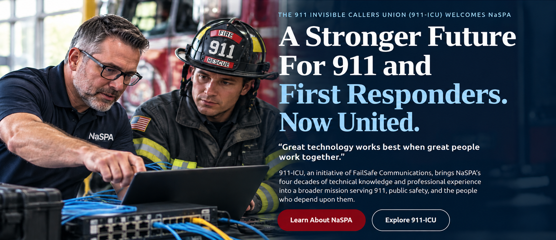 NaSPA technologist working with a firefighter on networking equipment